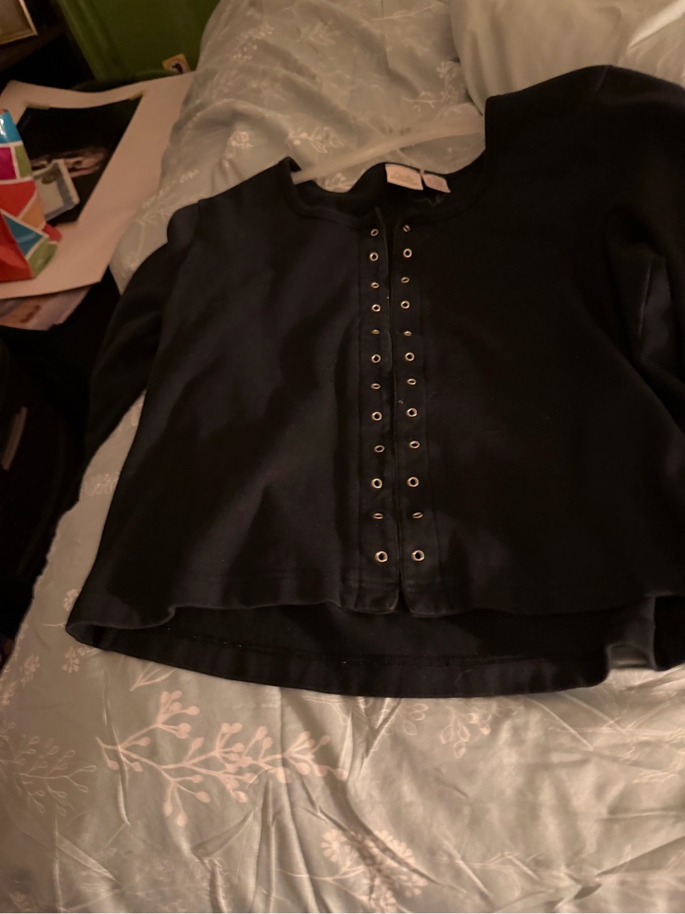 FIONI Clothing Black Eyelet Detail Long Sleeve Crop Top